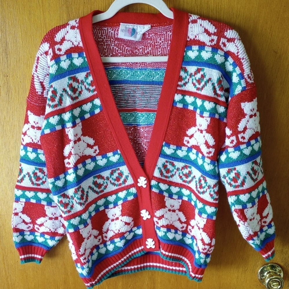 Heartworks Medium Christmas Teddy Bear Cardigan Sweater.  Red Green Blue White